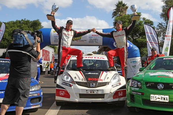 Eli Evans and Glen Weston celebrate their win in the Bosch Two Wheel Drive ARC at the Quit Forest Rally in WA