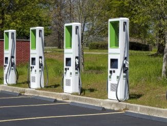 Charging station for electric vehicles in a mall parking lot.